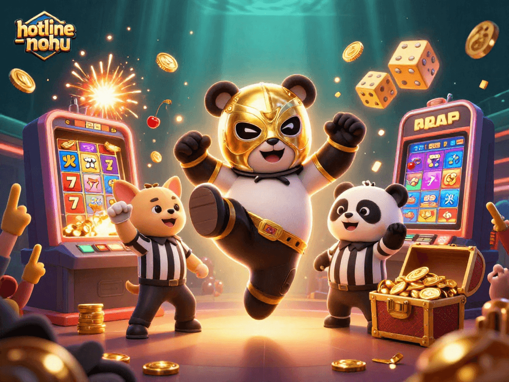 Engage in thrilling jackpot gameplay at hotline-nohu with a dynamic panda wrestler and chihuahua referee.