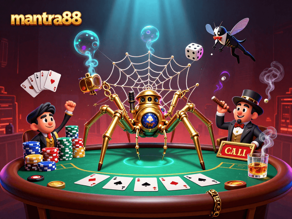 Trapping dice in a web, the mantra88 spider and Victorian gentleman create a casino atmosphere.