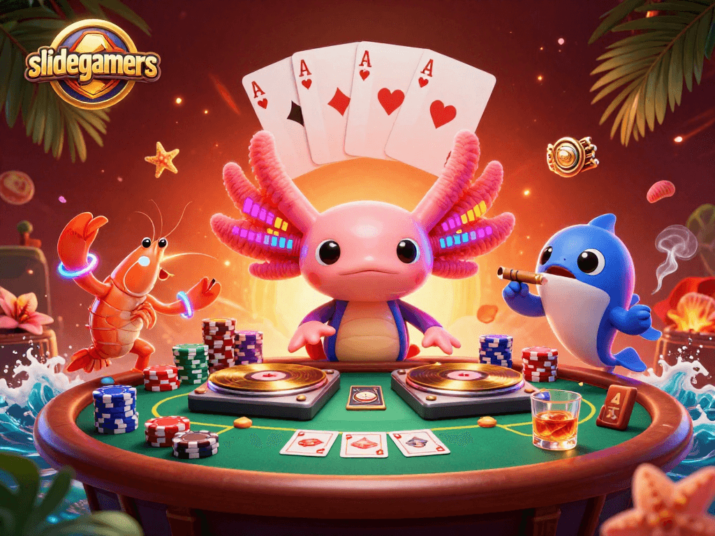 Join the excitement at slidegamers with a vibrant scene of a neon axolotl DJ amidst poker action