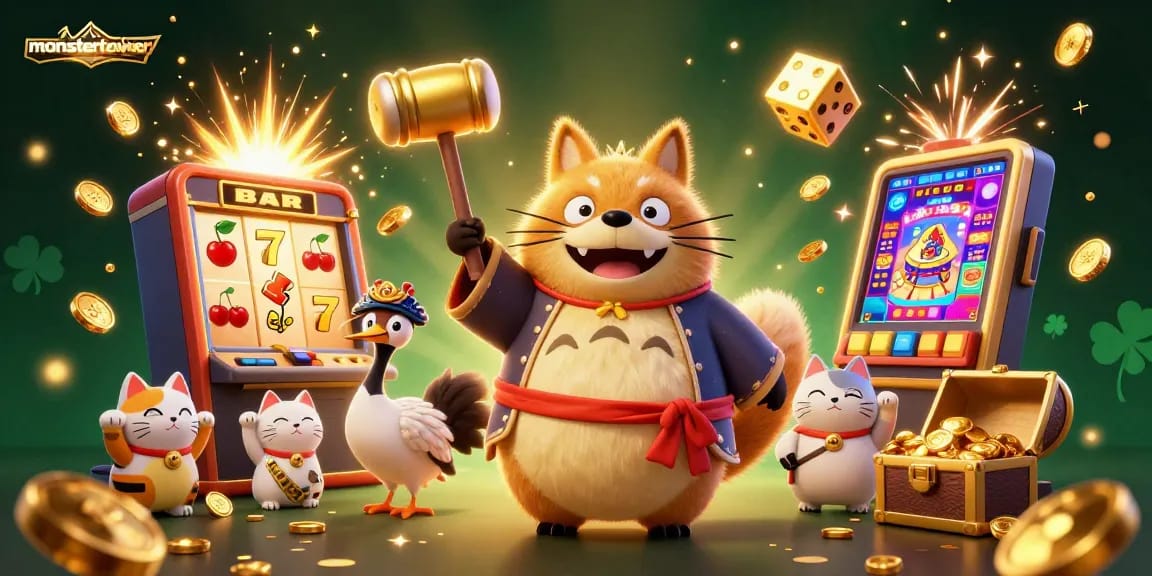 Play casino games and win big with monstertowerreview's vibrant 3D scene of characters celebrating over a jackpot explosion.