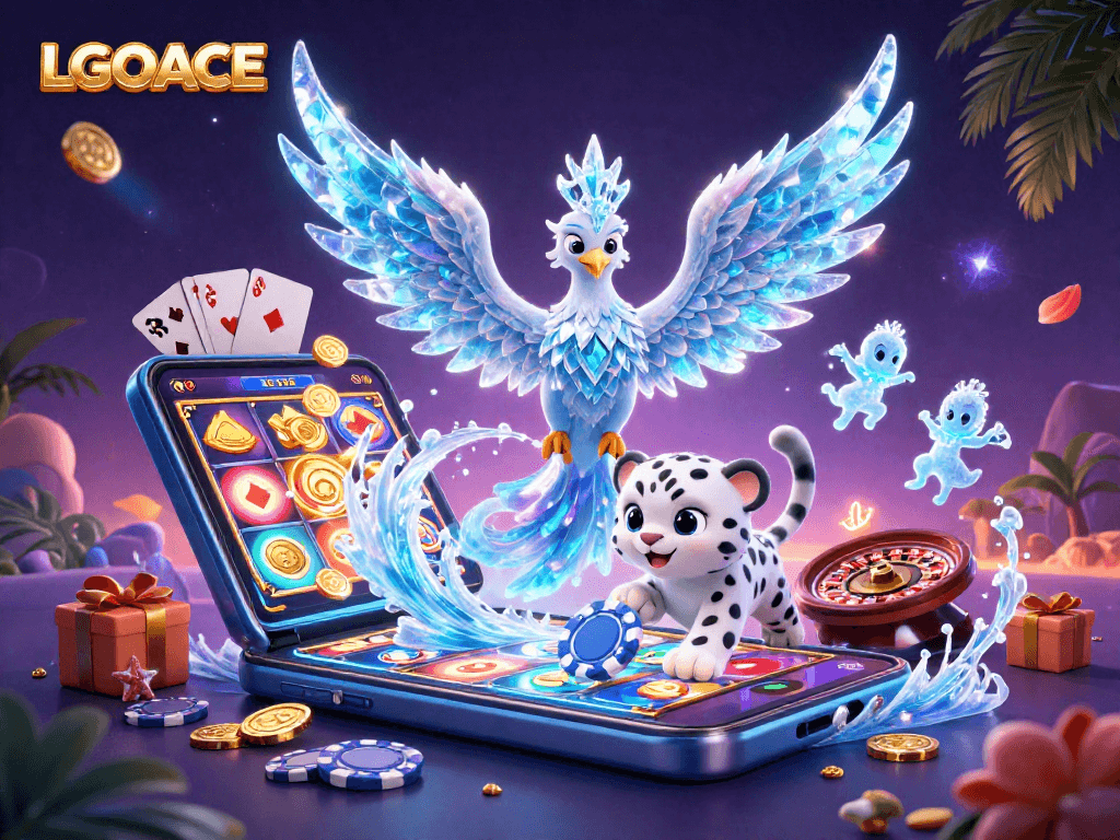 LGOACE showcases a vibrant casino scene with an ice phoenix, snow leopard, and glowing sprites amid gaming excitement.