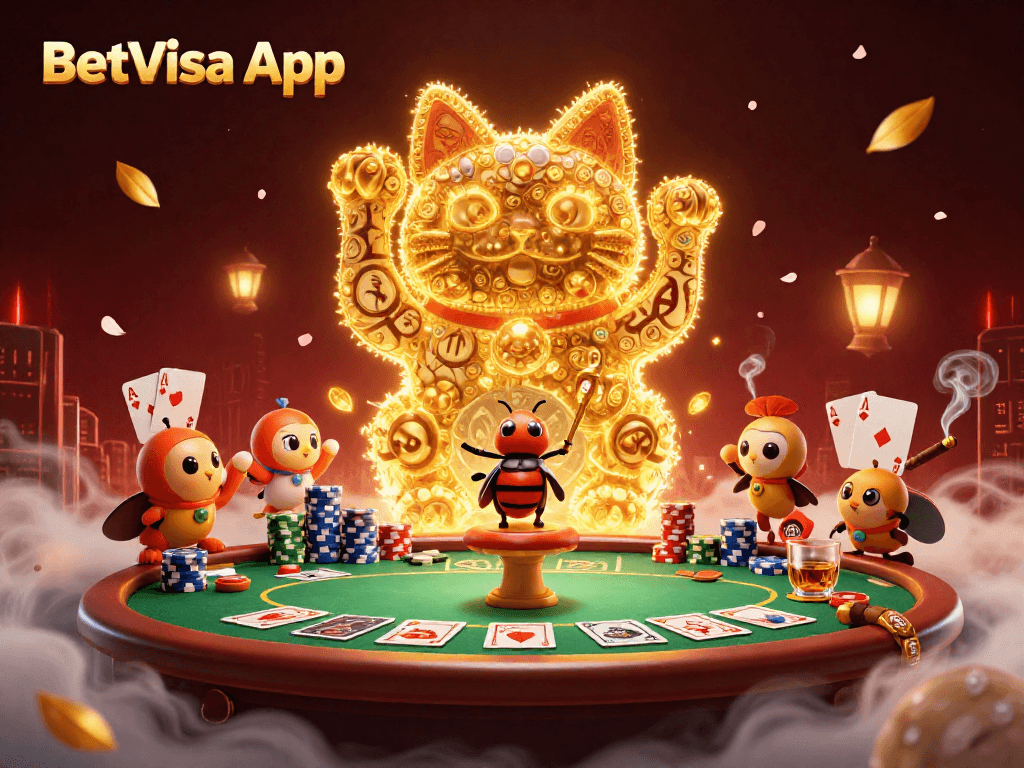 Engage with the BetVisa App through a vibrant scene of a giant lucky cat and poker elements.