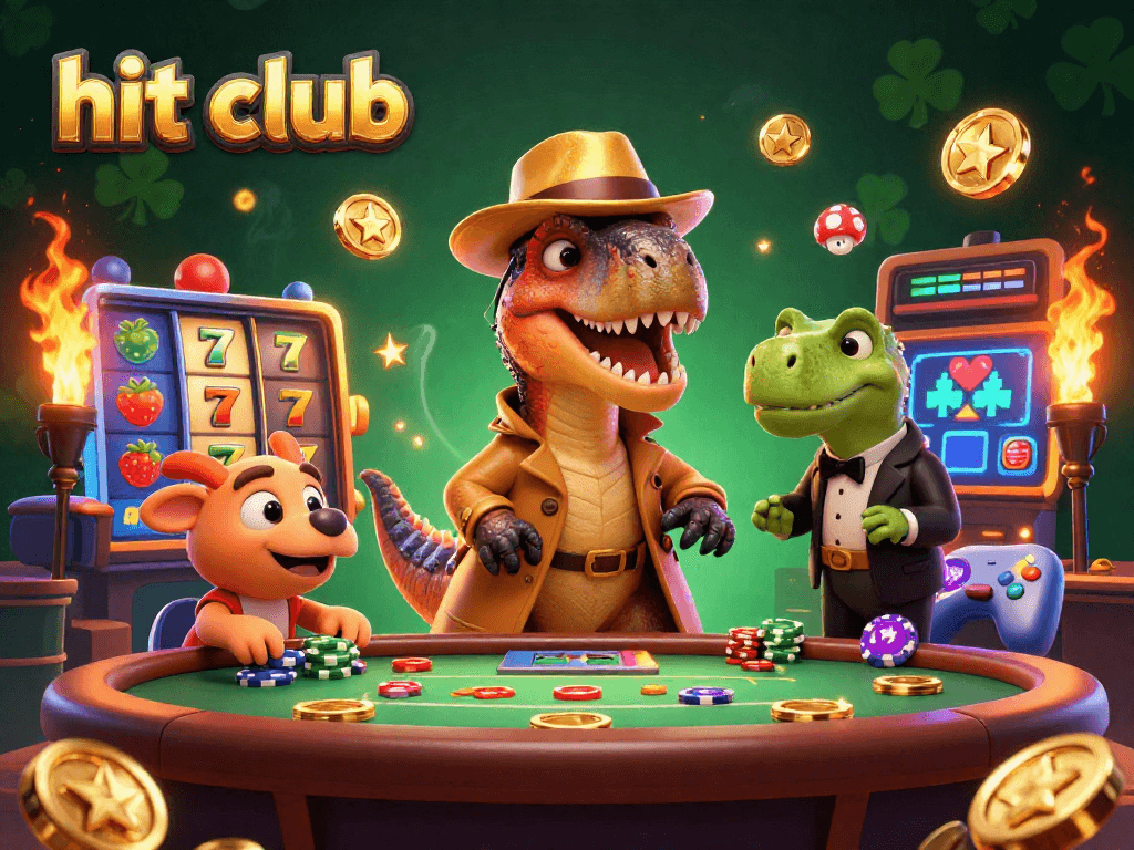Hit club features lively gambling action with cartoon dinosaurs at a vibrant blackjack table.