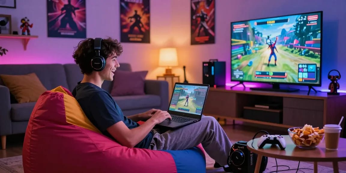 Enjoy immersive AI porn games experience in a cozy gaming setup.