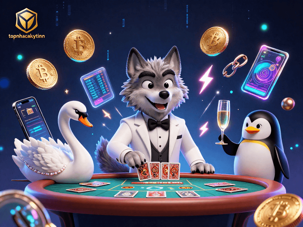 topnhacaiuytinn showcases a vibrant casino scene with a debonair wolf, an elegant swan, and a sophisticated penguin in a dynamic illustration.