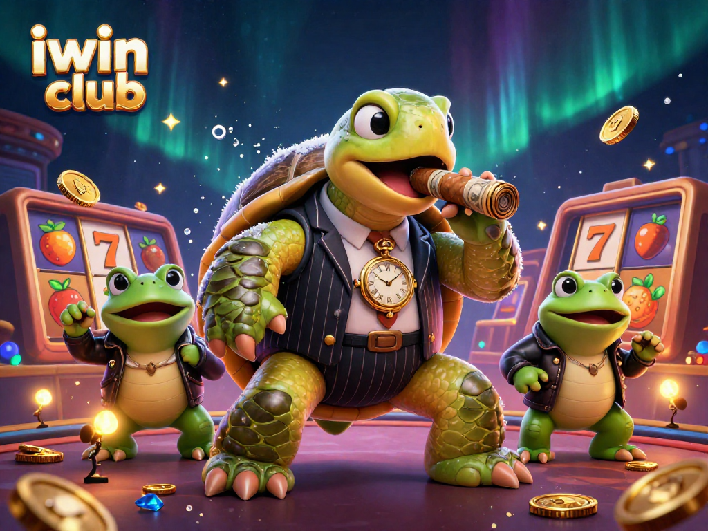 Experience the excitement of iwin club with a vibrant illustration of a mobster turtle and bullfrog enforcers.