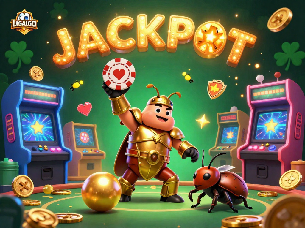 LIGALGO showcases a joyful gambling scene featuring a hercules beetle celebrating with a winning poker chip, surrounded by festive game elements.