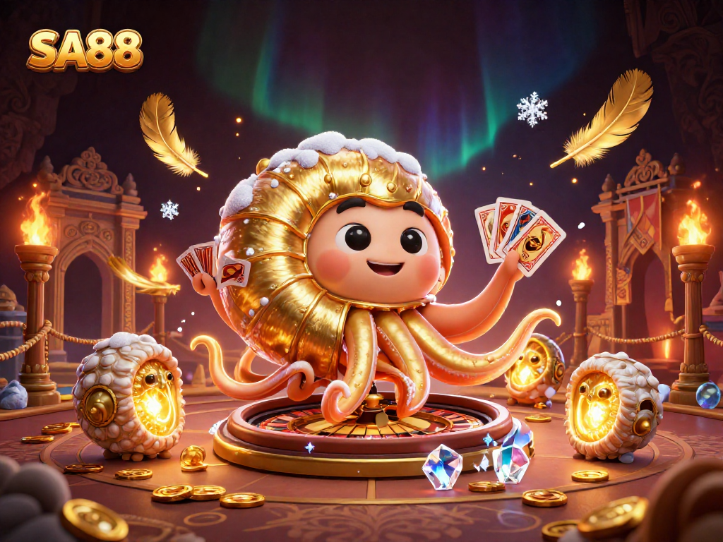 Engage with SA88's striking 3D casino scene featuring a giant nautilus roulette wheel and glowing ammonite companions.