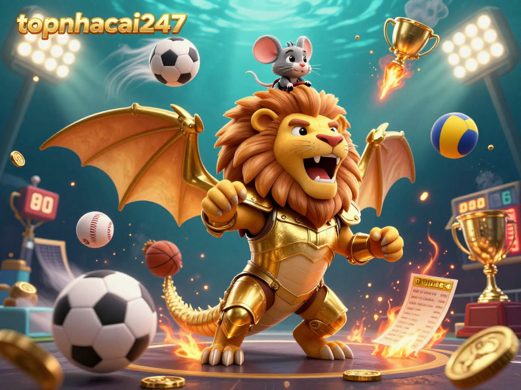 Experience thrilling action at topnhacai247 with a dynamic scene of a chimera creature and sports elements in an exciting gaming atmosphere.