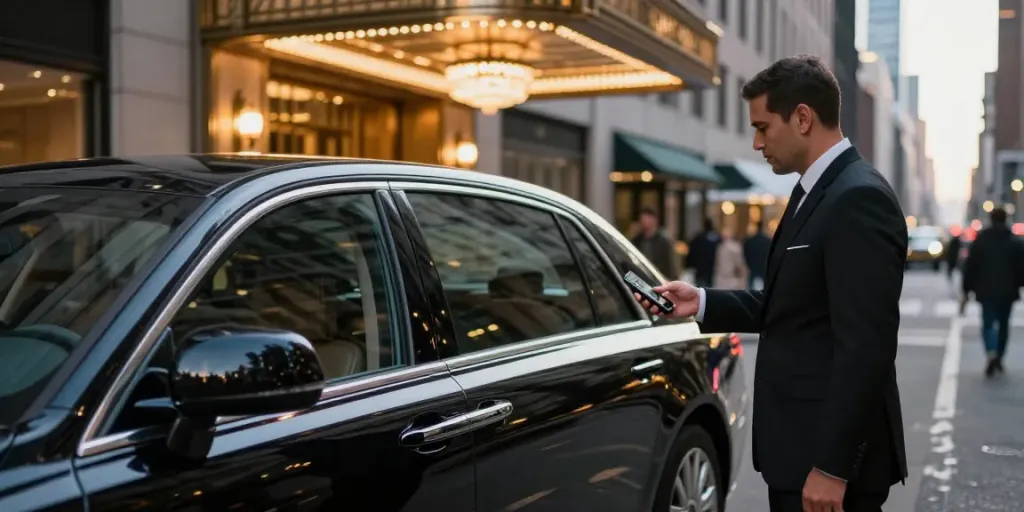 Chauffeur service NYC with a professional in a suit next to a luxury black car in the city.