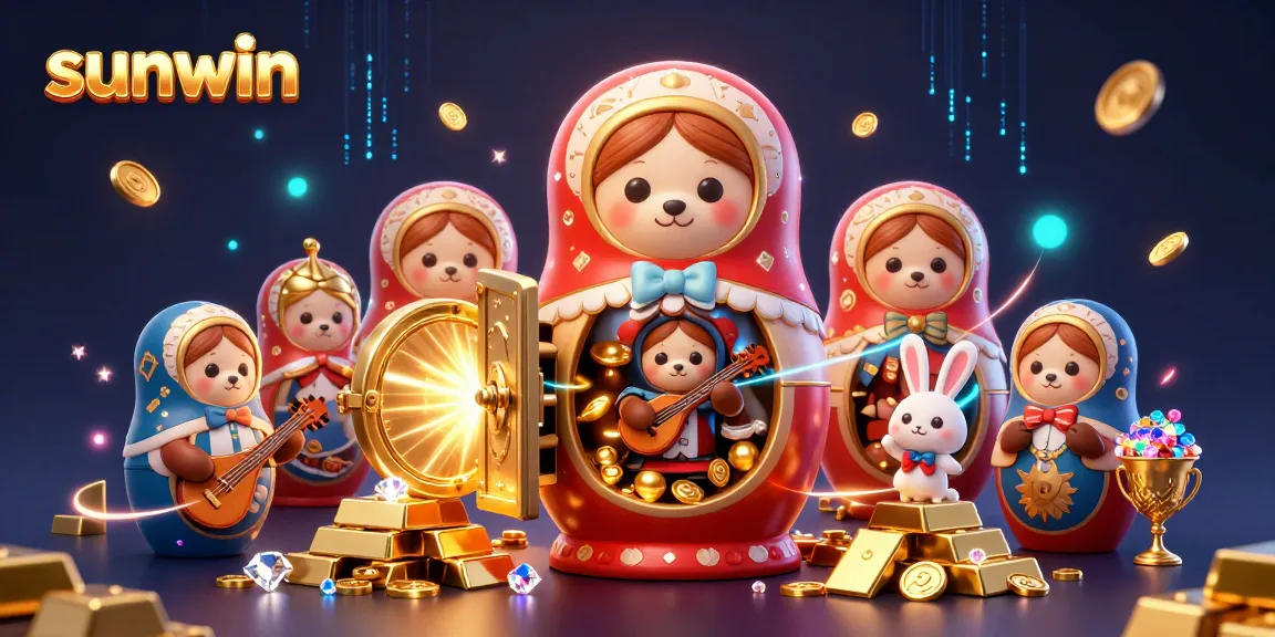 Engage in vibrant sunwin casino gameplay with a cartoon Matryoshka bear and treasure elements.