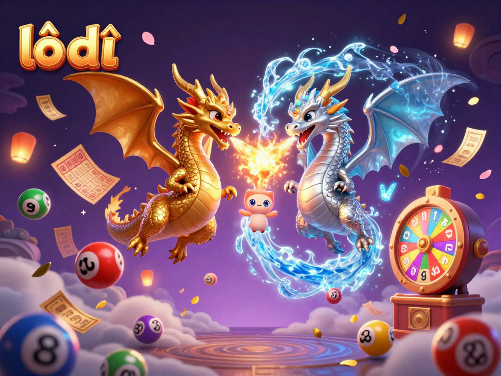 Engage with lô đề in this vibrant 3D illustration featuring lottery elements and dynamic dragons.