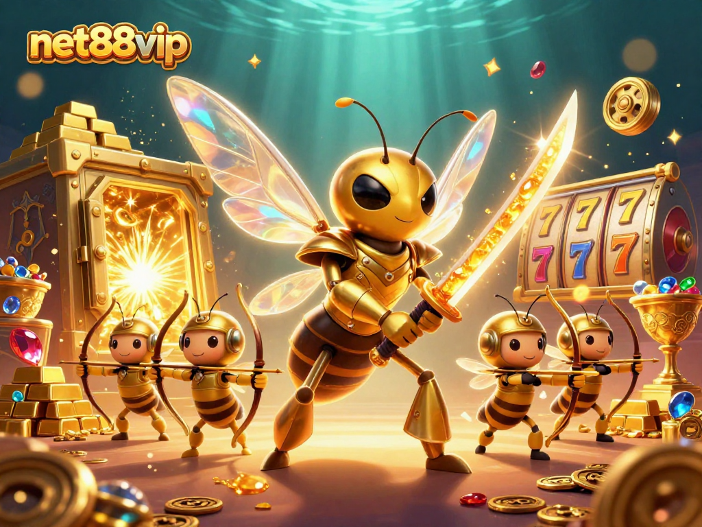 Experience gambling excitement at net88vip with a vibrant scene of anime-style characters amidst a treasure-filled casino.
