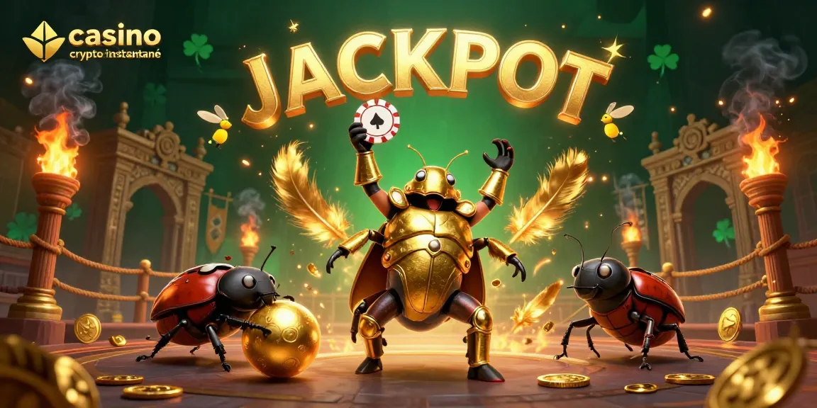 Illustration 3D d'un casino crypto retrait instantané avec un scarabée en armure d'or brandissant un jeton de poker.