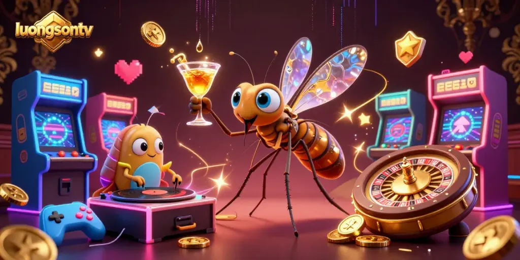 luongsontv mascot spins exciting casino action with vibrant characters and games in a lively 3D illustration