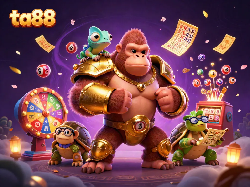 Engage with ta88’s vibrant casino scene featuring a gorilla king and dynamic lottery elements.