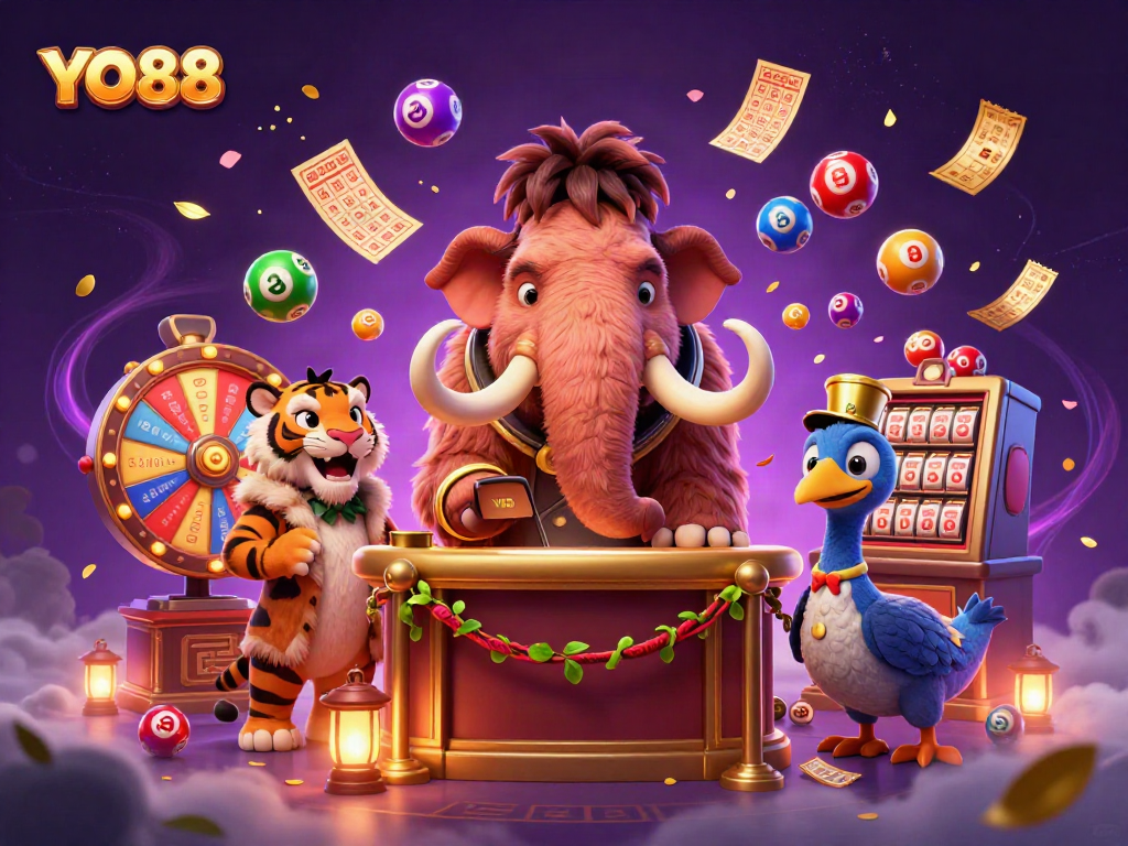 YO88 features a woolly mammoth bouncer verifying IDs at a vibrant casino entrance.