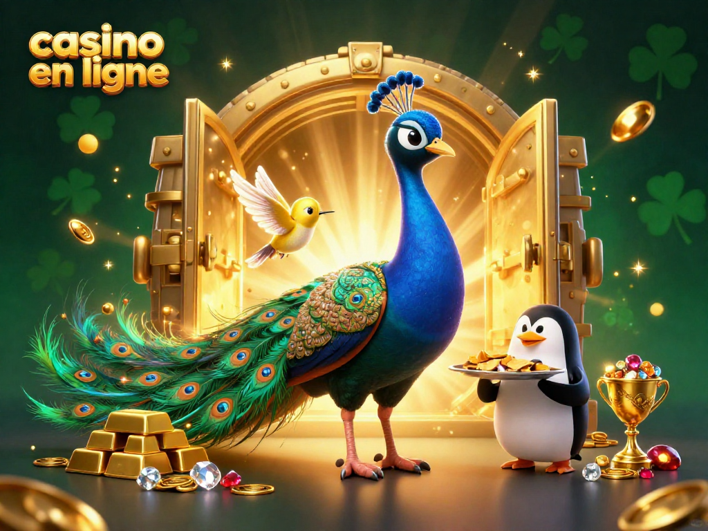 Découvrez le monde du casino en ligne avec un paon aristocratique et des personnages animés entourés de trésors dorés.