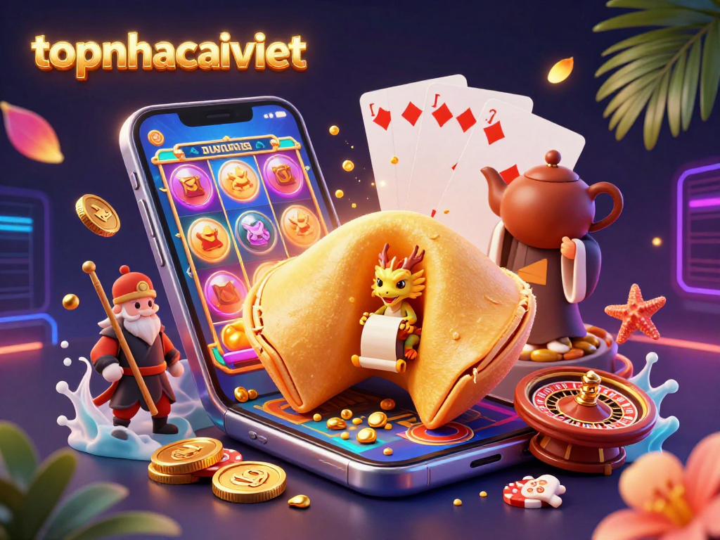 Experience topnhacaiviet's thrilling 3D casino scene featuring a fortune cookie, wise dragon, and dynamic gaming elements.