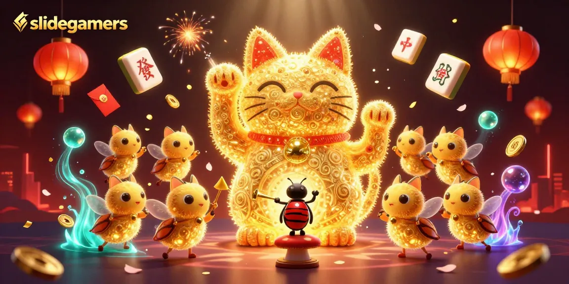 Engage with slidegamers as you explore a colorful illustration of a lucky cat and gambling icons.