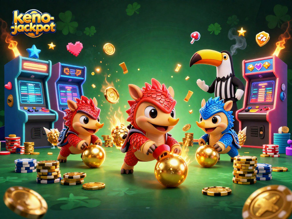 Keno-jackpot pangolins bowling through poker chips in a colorful casino scene.