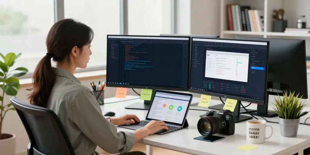 SEO specialist analyzing instant indexing tools in a bright office