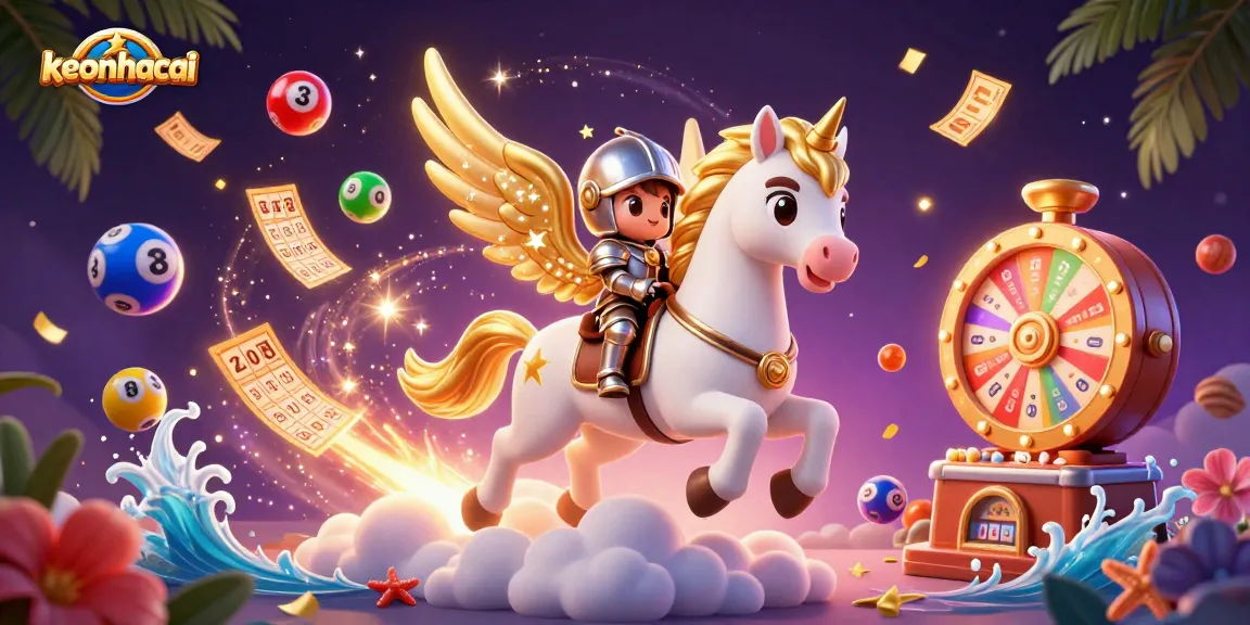 Engage in winning lotteries with keonhacai, featuring a vibrant scene of balloons and gaming elements.