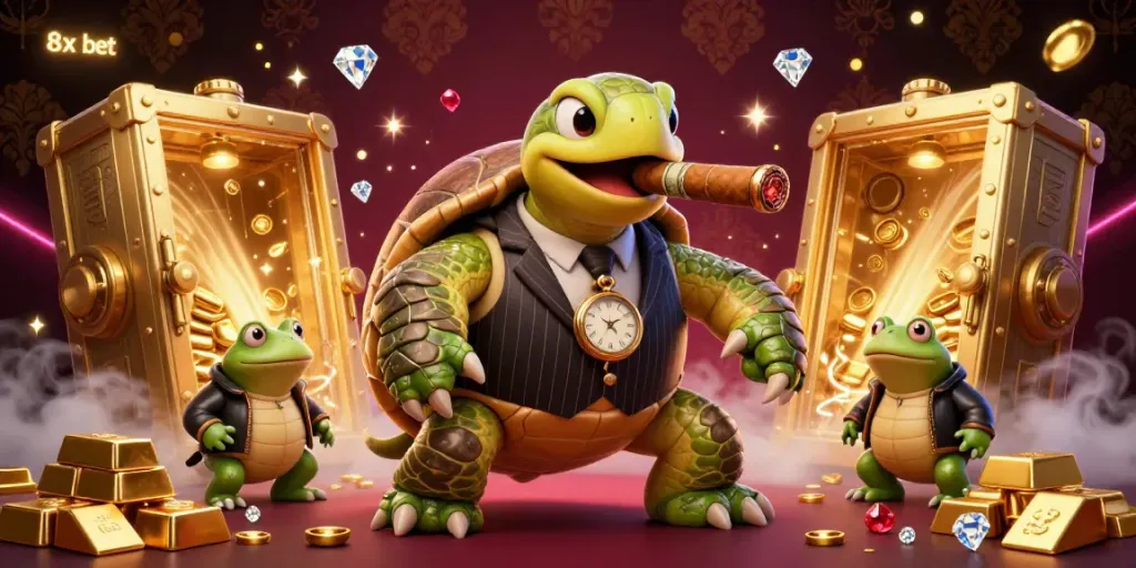 Catch the action of 8x bet in this lively digital scene with a turtle in a suit and casino riches.