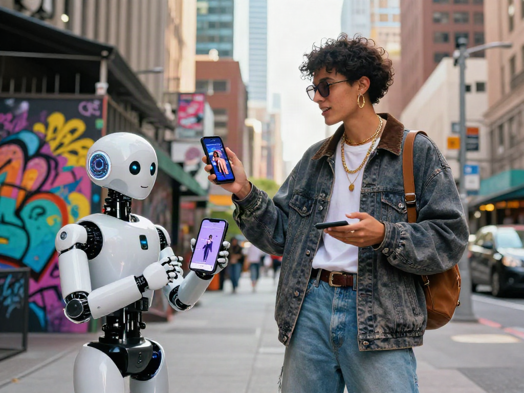 AI slut showcasing urban street style with AI companion in vibrant city setting.