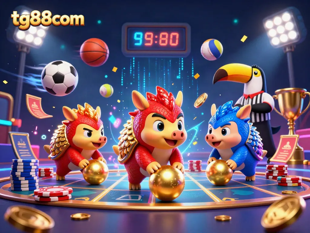 Experience exciting gaming at tg88com with animated pangolins bowling through poker chips in a vibrant casino scene.