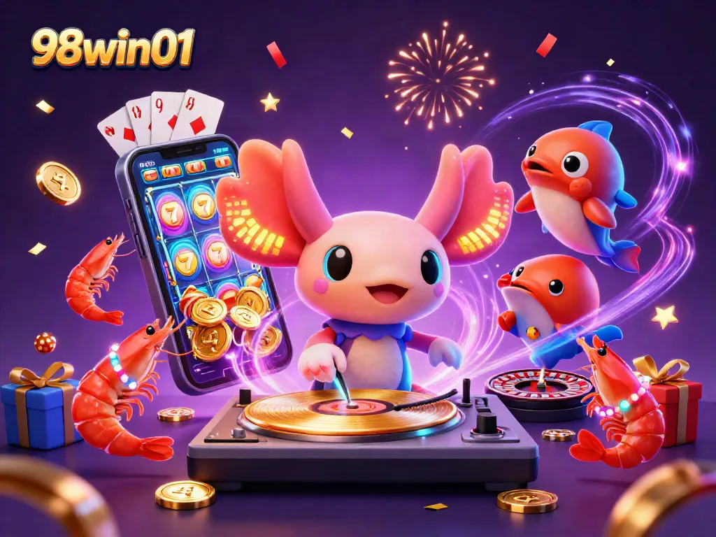 Join the vibrant party at 98win01, where a neon axolotl DJ spins thrilling slot games!