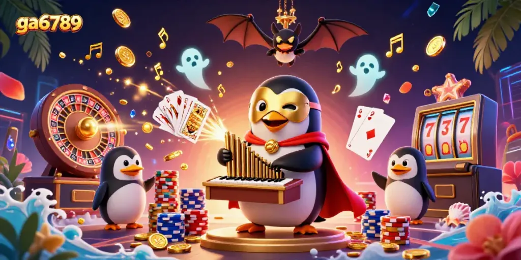 Engage with ga6789 as the cartoon penguin plays a golden pipe organ with flying coins and vibrant casino elements.