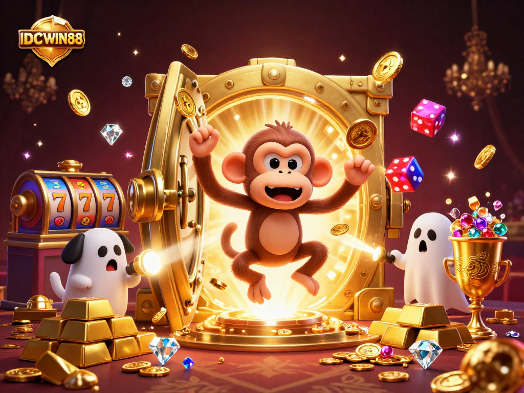 IDCWIN88 offers an enchanting casino experience with dynamic elements and vibrant graphics surrounding playful characters.