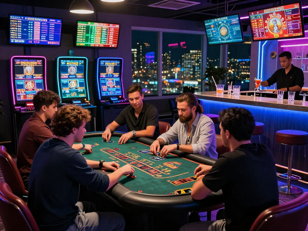 Crypto casino gaming scene with diverse players enjoying blackjack amidst neon lights.