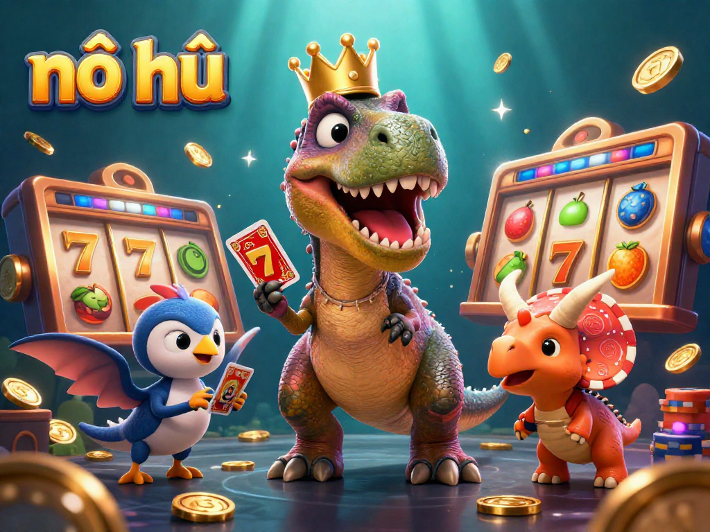 Engage with the exciting nổ hũ gaming scene featuring a T-Rex and friends playing slots.