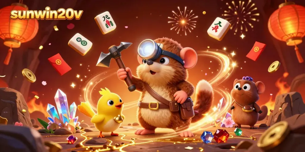 Experience the thrill of sunwin20v with a treasure hunter mole in a vibrant casino-themed illustration.