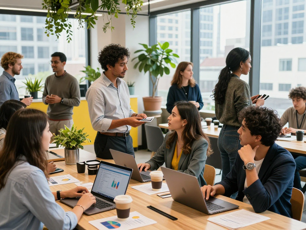 Business owners networking in an urban workspace during a vibrant event.