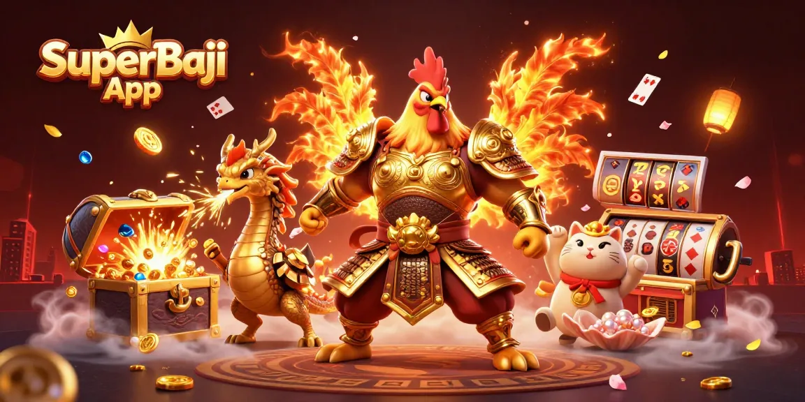 Experience thrilling wins with SuperBaji App, showcasing a vibrant casino scene with animated characters.