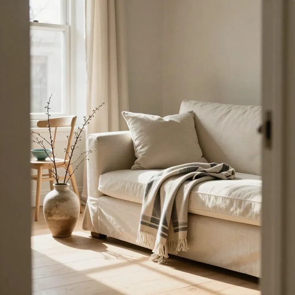 Spring-refreshed living room corner with sofa, throw, vase and basket in warm daylight.