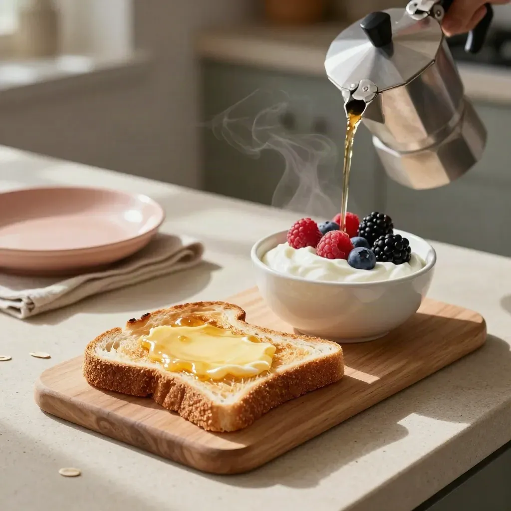 Butter toast, yogurt, berries and a steaming coffee pot on a pale stone counter