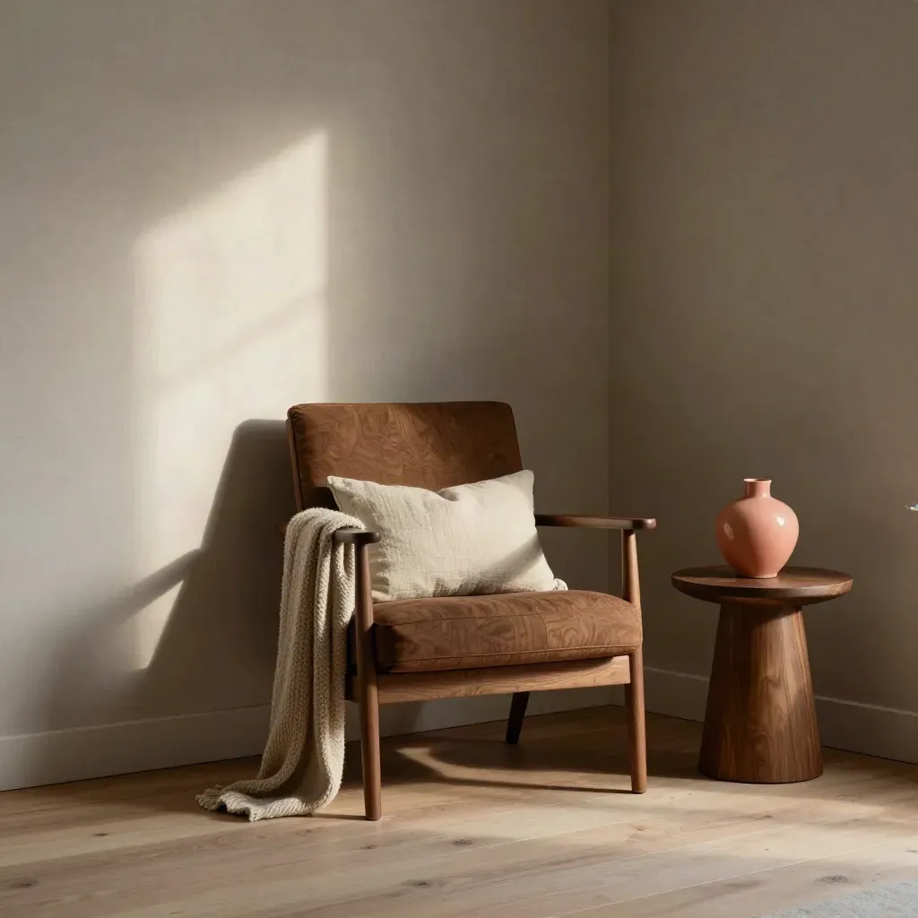 Moody reading corner with armchair, knitted throw, coral lamp and oak side table in sunbeams.