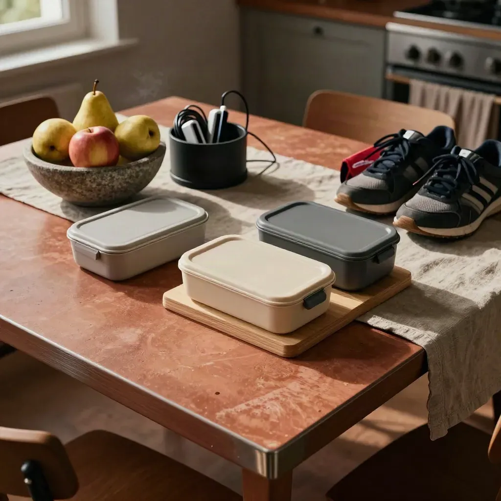 Sunday kitchen table set with lunch boxes, shoes, schoolwear and fruit in warm lamplight.