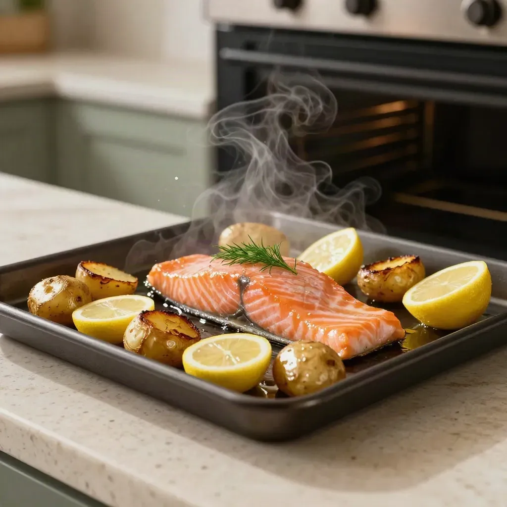 Salmon, potatoes, lemon and dill steaming on a dark tray lifted from the oven.