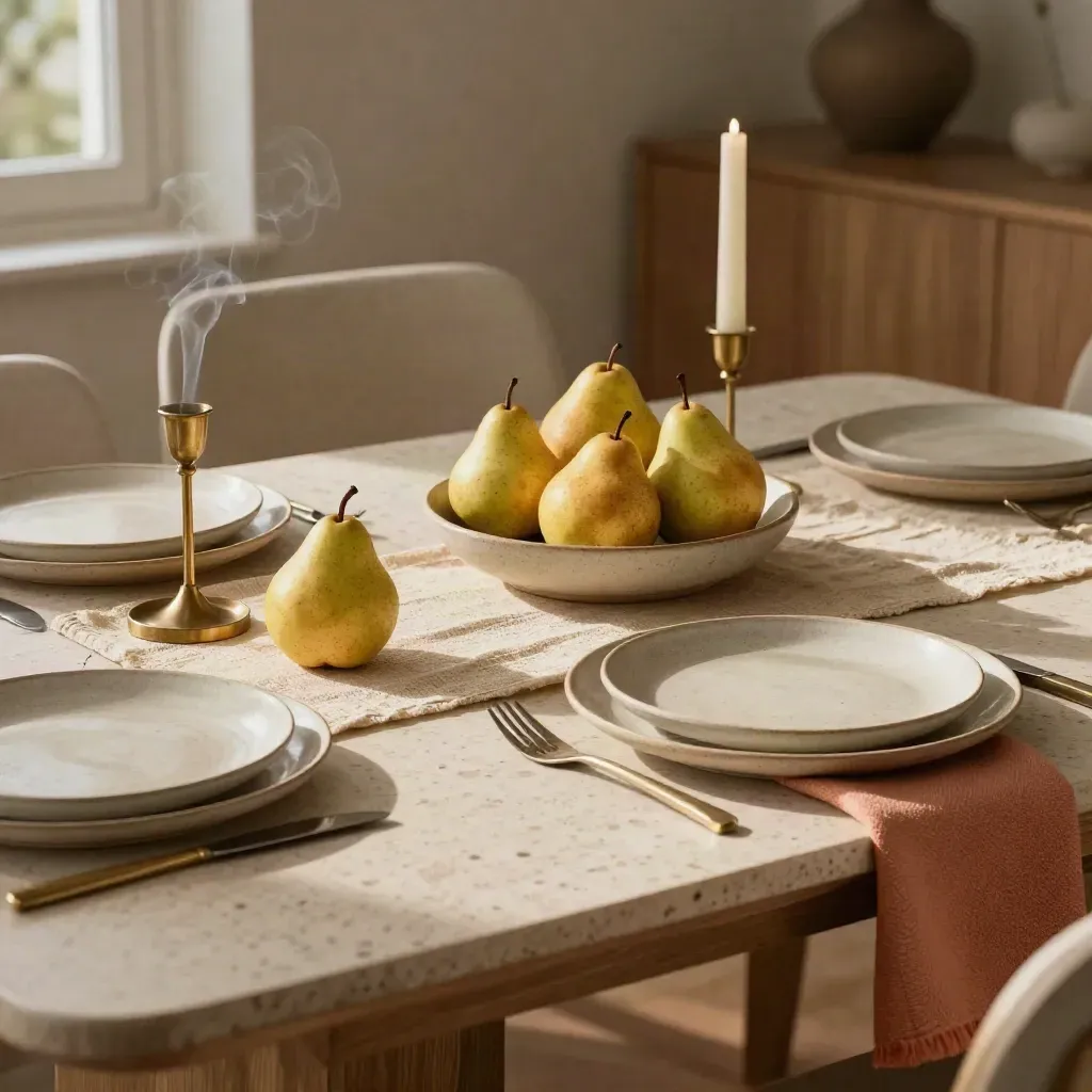Autumn dinner table set with pears, stoneware plates, linen runner and brass candle holders.