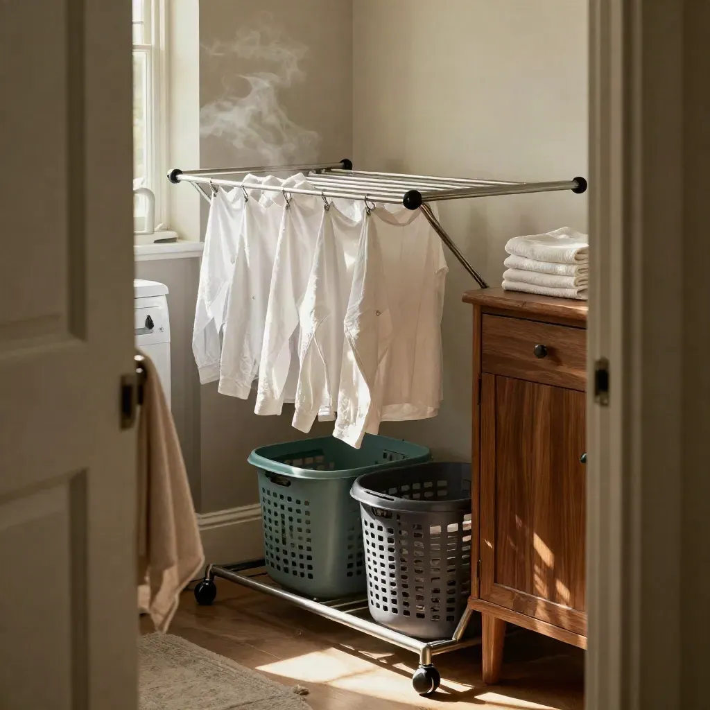 Warm utility room with drying shirts, folded towels, and two laundry baskets in late sun.