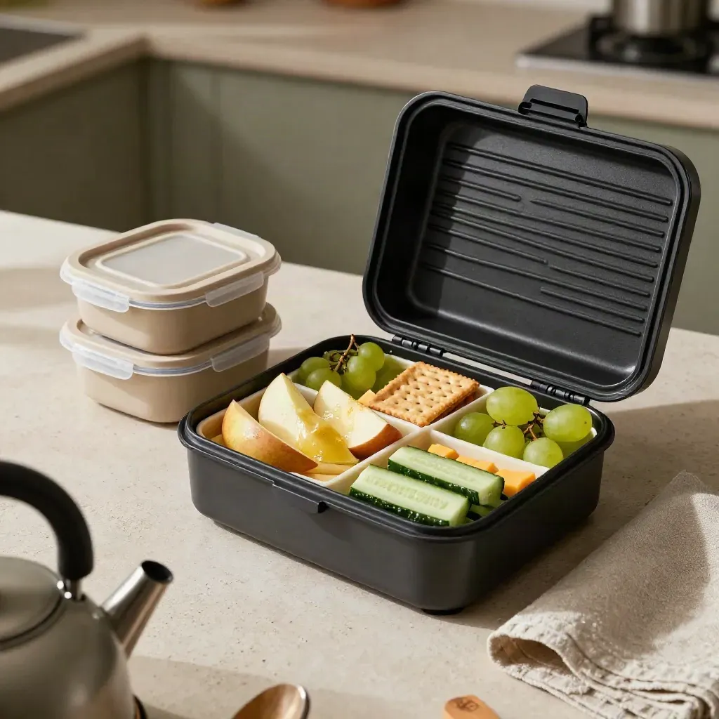 Charcoal lunch box with fruit, crackers, cheese and cucumber beside stacked containers on a pale stone counter