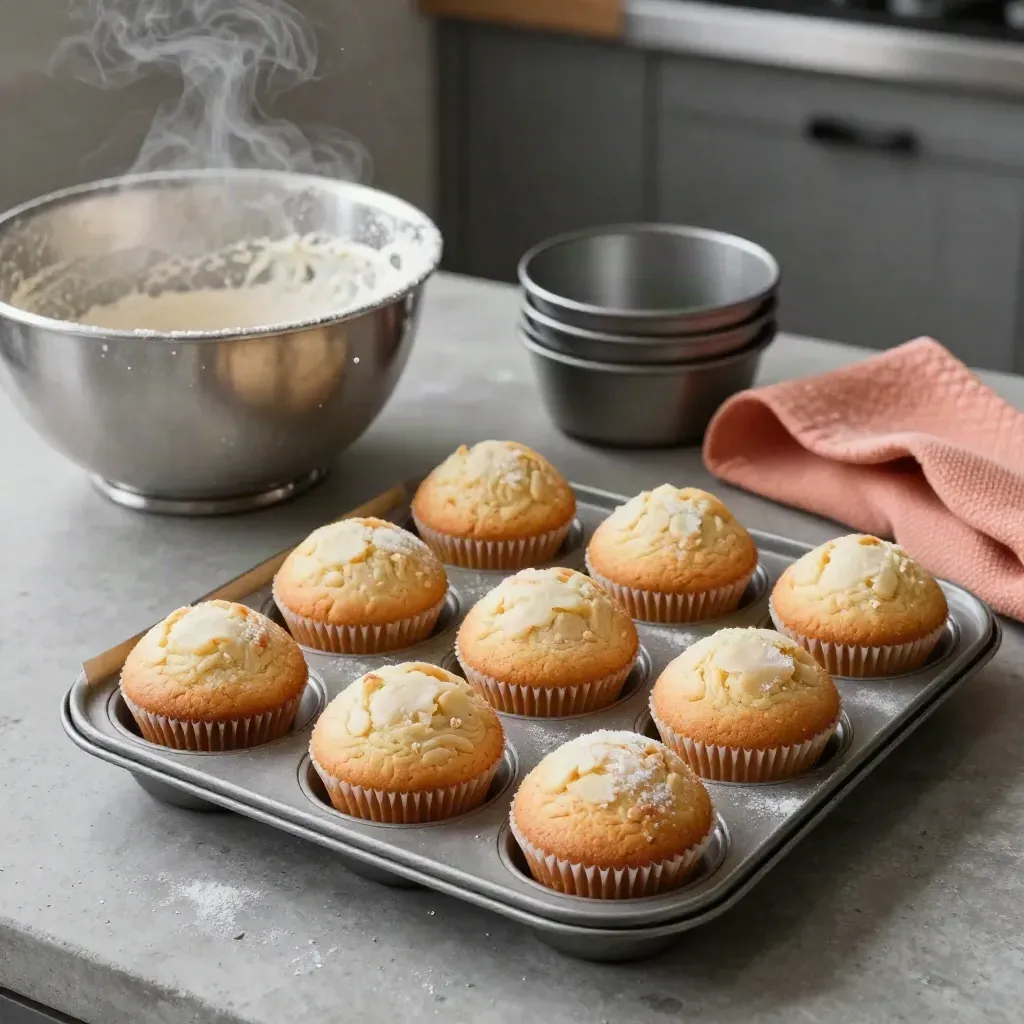Fresh muffins cooling beside a floury bowl and stacked tins on a concrete worktop.