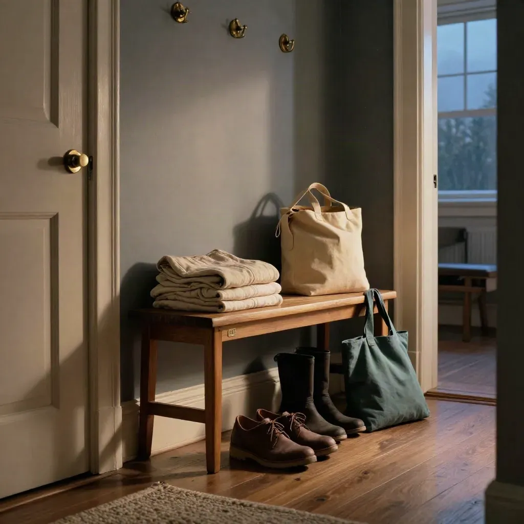 Entry bench by the door with folded clothes, lunch bag, shoes and a teal tote in warm evening light
