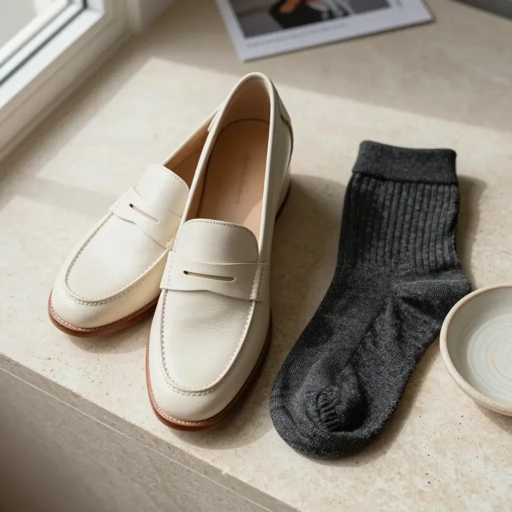 Cream loafer, charcoal sock and stoneware dish on pale limestone, crisp overhead editorial light.