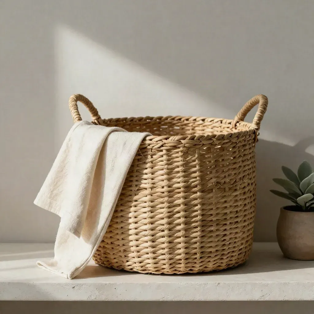 Top-down still life of a woven basket, linen cloth, and small plant on a pale shelf.